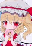  1girl ascot bangs blurry crystal doughnut eyebrows_visible_through_hair flandre_scarlet food food_in_mouth hat hat_ribbon highres holding holding_food looking_at_viewer mob_cap one_side_up red_eyes red_ribbon renakobonb ribbon short_sleeves simple_background slit_pupils solo touhou twitter_username upper_body white_background white_headwear wings yellow_neckwear 