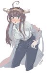  1girl ahoge artist_name black_pants brown_hair coat commentary_request cropped_legs denim double_bun ergot grey_coat hairband headgear highres jeans kantai_collection kongou_(kancolle) long_hair looking_at_viewer official_alternate_costume pants shirt simple_background smile solo standing striped striped_shirt violet_eyes white_background 