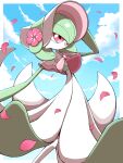 :d absurdres bonnet border capelet clouds commentary day flower gardevoir gen_3_pokemon hand_up highres open_mouth outdoors outside_border petals pink_flower pokemon pokemon_(creature) pokemon_unite red_eyes shabana_may sky smile solo tongue white_border white_headwear 