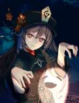  1girl absurdres bangs blurry brown_hair chinese_clothes commentary_request depth_of_field eyebrows_visible_through_hair flower genshin_impact ghost ghost_pose glowing hair_between_eyes hat hat_flower hat_ornament head_tilt highres hu_tao_(genshin_impact) long_hair long_sleeves looking_at_viewer nyari parted_lips red_eyes sidelocks signature smile smirk symbol-shaped_pupils 