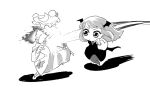  :/ bat_wings black_dress black_legwear bow chibi clenched_hand collared_shirt crescent crescent_hat_ornament dress dress_shirt full_body greyscale hat hat_bow hat_ornament head_wings in_the_face koakuma long_sleeves mob_cap monochrome motion_blur motion_lines no_nose o3o pantyhose patchouli_knowledge punching shadow shirt sidelocks simple_background standing standing_on_one_leg striped touhou unnyo8739 v-shaped_eyebrows vertical-striped_dress vertical_stripes white_background white_shirt wide_sleeves wings 