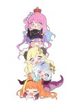  5girls :3 :o absurdres amane_kanata angry animal_ears bibi_(tokoyami_towa) blonde_hair blue_hair blush candy_hair_ornament chibi closed_eyes commentary_request crossed_arms crown dragon_girl dragon_horns dragon_tail eyebrows_visible_through_hair fang food-themed_hair_ornament gradient_hair green_eyes grey_jacket hair_ornament hair_rings hairclip halo hands_on_another&#039;s_head heterochromia highres himemori_luna hololive horns jacket kiryu_coco light_blue_hair long_hair long_sleeves lying lying_on_person multicolored_hair multiple_girls neru_(flareuptf1) on_stomach open_mouth orange_hair pink_hair pointy_ears purple_hair sheep_ears sheep_girl sheep_horns shirt silver_hair simple_background skin_fang star_halo streaked_hair tail tokoyami_towa tsunomaki_watame twintails very_long_hair violet_eyes virtual_youtuber white_background white_shirt 