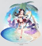  1girl bare_legs bare_shoulders barefoot bikini black_legwear braid character_request flower hair_flower hair_ornament highres long_hair looking_at_viewer multicolored_hair red:_pride_of_eden shinia short_hair solo standing swimsuit thigh_strap two-tone_hair white_hair 