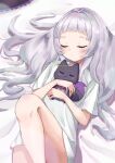  1girl absurdres bangs bankamba blunt_bangs closed_eyes hair_down highres hololive hug huge_filesize long_hair lying murasaki_shion no_pants on_back on_bed shiokko_(murasaki_shion) shirt short_eyebrows sidelocks silver_hair sleeping solo t-shirt virtual_youtuber white_shirt 