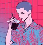  1boy buzz_cut collared_shirt cup drinking_straw earrings gradient hand_up highres jewelry kk724 looking_at_viewer original print_shirt shadow shirt short_hair short_sleeves signature solo tile_wall tiles very_short_hair 