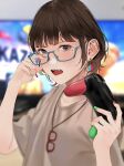  1girl bangs blue-framed_eyewear blurry blurry_background blush brown_eyes brown_hair controller earrings glasses grey_shirt hand_up highres holding holding_controller indoors jewelry looking_at_viewer mole mole_under_eye nail_polish necklace open_mouth original saitou_(lynx-shrike) shirt short_hair short_sleeves solo television 