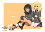  2girls alternate_costume andou_(girls_und_panzer) anzio_military_uniform bangs belt black_belt black_eyes black_footwear black_hair black_shirt blonde_hair blue_eyes boots border carro_veloce_cv-33 clenched_hand clover commentary_request dark-skinned_female dark_skin dress_shirt english_text eyebrows_visible_through_hair girls_und_panzer grey_jacket grey_skirt ground_vehicle holding_remote_control jacket kneeling knife long_sleeves medium_hair messy_hair military military_uniform military_vehicle miniskirt model_tank motor_vehicle multiple_girls open_mouth orange_border oshida_(girls_und_panzer) outside_border partial_commentary remote_control_vehicle salt-apple semovente_75/18 shadow shirt sitting skirt smile spade_(shape) tank uniform white_border wing_collar 