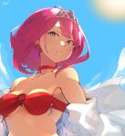  1girl ark_royal_(kancolle) bangs bikini blue_eyes bob_cut breasts day flower highres kantai_collection looking_at_viewer medium_breasts outdoors parted_lips pink_hair red_bikini red_flower red_rose rose short_hair signature sky solo sun sunday_aki swimsuit tiara 