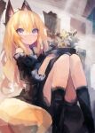  1girl absurdres animal_ear_fluff animal_ears bangs bare_shoulders black_legwear black_shirt black_shorts blonde_hair expressionless feet_out_of_frame flower fox_ears fox_tail hair_between_eyes highres indoors kaamin_(mariarose753) kneehighs knees_together_feet_apart lace_trim long_hair looking_at_viewer off-shoulder_shirt off_shoulder original plant potted_plant shirt shorts sitting solo tail violet_eyes 