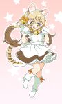  :3 alternate_costume animal_ears animal_print bell blonde_hair blush boots bow brown_dress brown_hair cat_ears cat_girl cat_print cat_tail commentary_request dress eyebrows_visible_through_hair fang footwear_bow frilled_dress frilled_sleeves frills geoffroy&#039;s_cat_(kemono_friends) hair_bell hair_bow hair_ornament highres kemono_friends knee_boots long_hair looking_at_viewer mitsumoto_jouji mittens multicolored_hair neck_bell open_mouth orange_bow paw_pose puffy_short_sleeves puffy_sleeves short_sleeves tail twintails white_dress white_footwear white_mittens yellow_eyes 