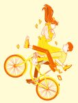  1boy 1girl bicycle black_pants brown_hair floating_hair ground_vehicle kk724 leaf long_sleeves open_mouth original pants phone profile shirt shirt_tucked_in shoes signature simple_background skirt striped striped_shirt white_shirt yellow_background yellow_cat yellow_footwear yellow_shirt yellow_skirt yellow_theme 