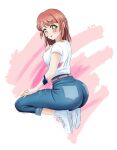  1girl absurdres ass belt blush breasts danzfloor denim from_side hand_on_own_knee highres jeans looking_at_viewer looking_back love_live! love_live!_nijigasaki_high_school_idol_club medium_breasts medium_hair paint_splatter pants pants_rolled_up redhead shirt shoes short_sleeves simple_background sneakers squatting tiptoes tongue tongue_out uehara_ayumu white_footwear white_shirt yellow_eyes 