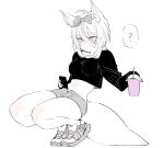  1girl ? animal_ears black_shirt blush bow casual crop_top cup expressionless fox_ears fox_tail full_body hair_bow highres holding holding_cup holding_phone hololive kakult2017 long_sleeves looking_to_the_side midriff navel omaru_polka phone shirt shoes shorts sneakers solo speech_bubble spot_color squatting tail thighs unbuttoned_shorts 