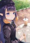  1girl beret bubble_tea bush cup dappled_sunlight day disposable_cup drawing drinking_straw eyelashes halo hanefuro hat highres hololive hololive_english looking_at_viewer looking_up mole mole_under_eye ninomae_ina&#039;nis official_alternate_costume outdoors paper pencil pointy_ears purple_hair sidelocks smile solo sunlight table tako_(ninomae_ina&#039;nis) tile_floor tiles violet_eyes virtual_youtuber 