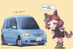  1girl animal_ears ankle_boots boots bow brown_eyes brown_footwear brown_hair car chibi commentary dress ear_bow ear_covers green_bow ground_vehicle highres horse_ears horse_girl horse_tail long_sleeves motor_vehicle nice_nature_(umamusume) sakusan tail toyota translated twintails umamusume 