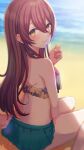  1girl back bangs beach bikini blurry blurry_background blush brown_hair floral_print green_skirt hair_between_eyes highres idolmaster idolmaster_shiny_colors long_hair looking_at_viewer looking_back nail_polish ocean oosaki_tenka pleated_skirt shadow sitting skirt solo swimsuit very_long_hair wariza yellow_eyes yoi_r 