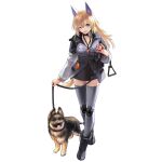  1girl animal_ears blonde_hair blue_eyes boots breasts can dog dog_ears dog_food fangs full_body girls_frontline girls_frontline_neural_cloud highres jacket large_breasts leash long_hair looking_at_viewer m500_(girls_frontline) mechanical_legs official_art one_eye_closed open_mouth puppy skirt smile solo thigh-highs transparent_background whistle whistle_around_neck zettai_ryouiki 