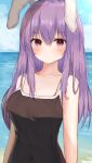  1girl :&lt; absurdres alternate_costume animal_ears aohane bangs bare_shoulders beach black_swimsuit blush breasts closed_mouth clouds collarbone commentary_request day eyebrows_visible_through_hair hair_between_eyes highres horizon huge_filesize long_hair looking_at_viewer medium_breasts one-piece_swimsuit outdoors purple_hair rabbit_ears reisen_udongein_inaba revision solo sweat swimsuit touhou upper_body violet_eyes water 