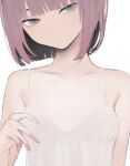  1girl bangs blunt_bangs bob_cut breasts closed_mouth expressionless fingernails grey_eyes half-closed_eyes hand_up head_tilt lingerie looking_at_viewer medium_hair migihidari_(puwako) nightgown original pink_hair simple_background small_breasts solo underwear white_background 