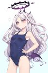  1girl bangs bare_shoulders blue_archive blush breasts closed_mouth collarbone halo highres hina_(blue_archive) horns long_hair moisture_(chichi) navel one-piece_swimsuit parted_bangs school_swimsuit silver_hair simple_background small_breasts solo swimsuit violet_eyes wings 