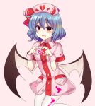  1girl absurdres bangs bat_wings blue_hair blush buttons collar dress eyebrows_visible_through_hair hair_between_eyes hands_up hat hat_ribbon heart heart_hands highres looking_at_viewer open_mouth pantyhose pink_background pink_collar pink_dress pink_headwear pink_sleeves plus_sign red_eyes red_ribbon remilia_scarlet ribbon short_hair short_sleeves simple_background smile solo subaru_(subachoco) touhou white_legwear wings 