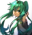  1girl black_skirt black_sleeves detached_sleeves eyelashes fingernails green_eyes green_hair green_nails green_neckwear grey_shirt hair_ornament hatsune_miku headset highres long_hair messy_hair music necktie open_mouth shirt shoulder_tattoo singing skirt sleeveless solo tattoo toron_0812 twintails vocaloid white_background 