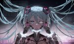  1girl absurdres android bangs blue_eyes cable daiya_(vrstin) disembodied_head eyebrows_visible_through_hair hair_between_eyes hands_on_own_head hatsune_miku heterochromia highres looking_at_viewer mechanization parted_lips portrait science_fiction solo twintails vocaloid white_eyes 