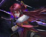  1girl bangs beidou_(genshin_impact) bitter-nai black_gloves blood breasts cape capelet commentary_request earrings fighting_stance fur_trim genshin_impact gloves glowing glowing_eyes greatsword hair_ornament hair_stick holding holding_sword holding_weapon jewelry long_hair pelvic_curtain red_capelet red_eyes redhead sword thigh-highs weapon 