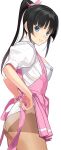  1girl :p apron ass black_hair blue_eyes breasts eyebrows_visible_through_hair long_hair looking_at_viewer mibu_natsuki panties panties_under_pantyhose pantyhose ponytail simple_background smile solo sugiura_koharu tongue tongue_out underwear white_album_2 white_background white_panties 