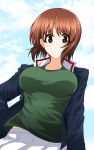  1girl absurdres aikir_(jml5160) bangs blue_jacket blue_sky breasts brown_eyes brown_hair clouds cloudy_sky commentary cowboy_shot eyebrows_visible_through_hair girls_und_panzer green_shirt grin hand_on_hip highres jacket large_breasts long_sleeves looking_at_viewer military military_uniform nishizumi_miho ooarai_military_uniform pleated_skirt shirt short_hair skirt sky smile solo standing uniform white_skirt 
