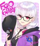  1girl bangs baseball_cap black_camisole black_headwear blush breasts camisole choker collarbone fate/grand_order fate_(series) glasses hair_ribbon hat heroic_spirit_tour_outfit hood hooded_jacket jacket kama_(fate) large_breasts long_hair looking_at_viewer low_twintails purple_jacket red_eyes redrop ribbon silver_hair solo twintails 