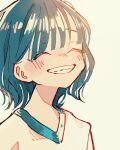  1girl 99_yen_(tsubura) bangs blue_hair blush closed_eyes commentary_request grin happy highres original shirt short_hair simple_background smile solo upper_body white_background white_shirt 