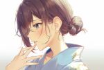  1girl bangs blue_kimono blush brown_hair crying crying_with_eyes_open earrings hair_bun hand_on_own_face hand_up haru_(hiyori-kohal) japanese_clothes jewelry kimono long_hair mole mole_under_mouth original parted_lips simple_background solo tears violet_eyes white_background 