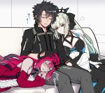  1boy 2girls bare_shoulders black_bow black_dress black_hair black_shirt bow braid breasts center_opening circlet closed_eyes clothing_cutout couch detached_collar detached_sleeves dress earrings fairy_knight_tristan_(fate) fate/grand_order fate_(series) french_braid fujimaru_ritsuka_(male) hand_on_another&#039;s_head highres jewelry lap_pillow large_breasts leaning_on_person light_blue_eyes long_hair lying_on_lap morgan_le_fay_(fate) multiple_girls pink_hair platinum_blonde_hair red_dress sanmotogoroo shirt sidelocks sitting sleeping sleeping_on_person smile stomach_cutout two-tone_dress 
