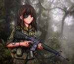  1girl absurdres ammunition_belt ammunition_pouch assault_rifle bandaid bangs blurry blurry_background brown_eyes brown_hair closed_mouth dirty dirty_clothes dirty_face eyepatch girls_frontline green_jacket green_pants gun hair_between_eyes highres holding holding_gun holding_weapon jacket jungle long_hair looking_at_viewer m16 m16a1_(girls_frontline) military military_uniform multicolored_hair nature outdoors pants pouch rifle scar scar_across_eye sleeves_rolled_up smoke_grenade solo streaked_hair tree trigger_discipline uniform vietnam vietnam_war weapon zap-nik 
