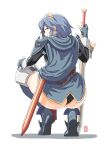  1girl armor automatic_giraffe blue_eyes blue_hair cape falchion_(fire_emblem) fingerless_gloves fire_emblem fire_emblem_awakening gloves long_hair looking_at_viewer looking_back lucina_(fire_emblem) panties simple_background smile solo squatting sword tiara underwear weapon white_background 