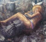    1girl apocalypse bangs barefoot bikini blonde_hair bow building city commentary english_commentary footprints from_above full_body giant giantess hair_bow hair_ornament hairclip kagamine_rin lying muscular muscular_female object_hug on_side open_mouth rainbow_bikini ruins short_hair skyscraper smile solo striped striped_bikini sweat swept_bangs swimsuit vocaloid white_bow yilx 