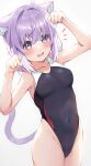  1girl ahoge animal_ears bangs cat_ears cat_girl cat_tail competition_swimsuit covered_navel crossed_bangs hair_between_eyes highleg highleg_swimsuit highres hololive nekomata_okayu one-piece_swimsuit paw_pose purple_hair riafel short_hair solo swimsuit tail violet_eyes virtual_youtuber white_background 