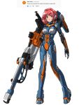  1girl arm_cannon arms_at_sides cyborg full_body gun hair_intakes highres joints looking_at_viewer neon_genesis_evangelion original personification red_eyes redhead rifle robot_joints serious sniper_rifle solo standing substance20 weapon white_background 