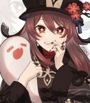  1girl :d bangs black_nails brown_hair chinese_clothes commentary_request eyebrows_visible_through_hair flower genshin_impact ghost hair_between_eyes hat hat_flower hat_ornament hu_tao_(genshin_impact) jewelry long_hair long_sleeves looking_at_viewer open_mouth red_eyes ring rktsm sidelocks smile symbol-shaped_pupils twintails zoom_layer 
