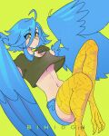  1girl ahoge animal_feet artist_name bangs bihidgn bird_legs black_shirt blue_hair blue_wings breasts feathered_wings feathers harpy highres monster_girl monster_musume_no_iru_nichijou navel papi_(monster_musume) shirt short_hair shorts simple_background small_breasts solo talons under_boob winged_arms wings yellow_background yellow_eyes 