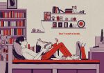  1boy barefoot belt black_hair cat chair clock english_text highres kk724 leaf limited_palette lying on_back original pants pillow plant profile red_pants shelf shirt short_hair short_sleeves solo white_shirt 