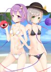  2girls absurdres bangs bare_shoulders beach bikini black_bikini black_bra black_headwear black_panties blue_sky border bow bra breasts brown_eyes closed_mouth clouds cloudy_sky eyebrows_visible_through_hair green_eyes hairband hand_on_hip hand_up hat hat_bow heart heart-shaped_pupils highres holding komeiji_koishi komeiji_satori leaf mantou_xiang multiple_girls navel open_mouth panties purple_hair purple_hairband sand short_hair silver_hair sky small_breasts smile standing stomach swimsuit symbol-shaped_pupils third_eye touhou underwear violet_eyes white_bikini white_border white_bra white_panties yellow_bow 