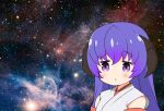  1girl :&lt; bangs blue_hair blush commentary_request curled_horns eyebrows_visible_through_hair gaou_(babel) gradient_hair hair_between_eyes hanyuu higurashi_no_naku_koro_ni horns japanese_clothes kimono long_hair looking_at_viewer multicolored_hair parted_lips purple_hair sleeveless sleeveless_kimono solo space space_cat_(meme) star_(sky) triangle_mouth upper_body violet_eyes white_kimono 