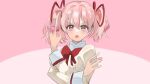  1girl blush bow crossed_arms determined gesture hair_ribbon hand_up kaname_madoka looking_at_viewer magia_record:_mahou_shoujo_madoka_magica_gaiden magical_girl mahou_shoujo_madoka_magica nekomokuwamai open_mouth pink_background pink_eyes pink_hair red_bow ribbon school_uniform solo soul_gem spoilers twintails upper_body 