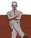  1boy black_footwear black_hair chengongzi123 closed_eyes couch crossed_arms crossed_legs facial_hair forehead_protector golden_kamuy highres insignia long_sleeves male_focus mustache scar scar_on_face short_hair simple_background solo sportswear tsurumi_tokushirou 