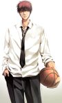  1boy ball basketball black_necktie black_pants chinese_commentary collared_shirt eyebrows formal frown highres holding holding_ball jacket jacket_removed kagami_taiga kuroko_no_basuke looking_away male_focus necktie pants red_eyes redhead shirt short_hair sleeves_rolled_up solo white_shirt xuan_zhi_yue_ying 