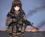  1girl ammunition_belt ammunition_pouch assault_rifle bangs blurry blurry_background brown_eyes brown_hair camouflage camouflage_jacket camouflage_pants closed_mouth dirty dirty_face fire girls_frontline gloves gun hair_between_eyes headpiece highres holding holding_gun holding_weapon jacket long_hair long_sleeves looking_at_viewer m4_carbine m4a1_(girls_frontline) military military_jacket military_uniform multicolored_hair outdoors pants pouch rifle scarf smoking solo streaked_hair sunset uniform united_states_army vest weapon zap-nik 