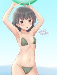  1girl ame-san arare_(kancolle) armpits arms_up ball beachball bikini black_hair breasts brown_eyes commentary_request contrapposto cowboy_shot dated grey_bikini highres kantai_collection looking_at_viewer short_hair small_breasts solo standing swimsuit twitter_username 