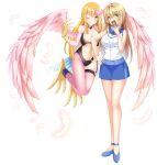  2girls absurdres animal_feet animal_hands benchen06 bird_tail blonde_hair blue_footwear blue_skirt blush breasts card claws duel_monster eyebrows_visible_through_hair feathered_wings feathers green_eyes hair_ornament harpie_girl harpy heart heart_hair_ornament highres large_breasts long_hair monster_girl multiple_girls one_eye_closed pantyhose pink_eyes pink_feathers pink_legwear pink_wings single_leg_pantyhose single_thighhigh skirt sleeveless smile tail tail_feathers thigh-highs white_background winged_arms wings yu-gi-oh! 
